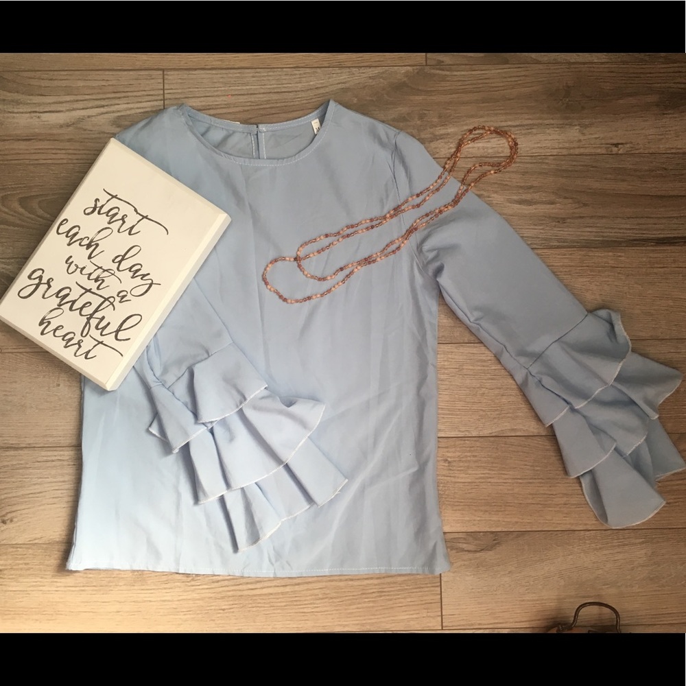 Ruffled sleeve baby blue top